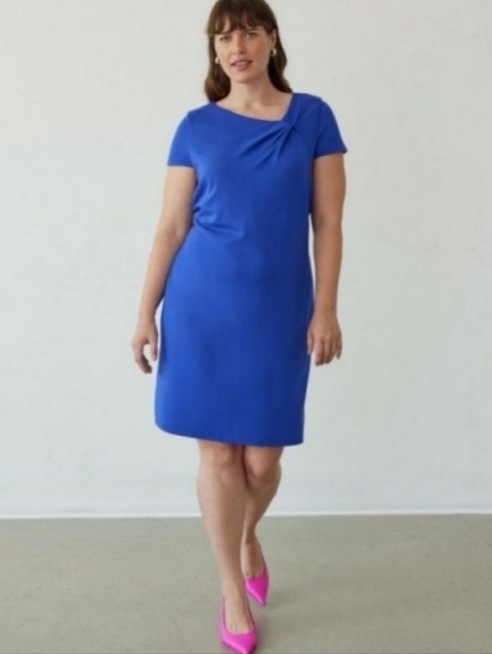 NWT Blue Short-Sleeve Shift Dress with Asymmetrical Neckline